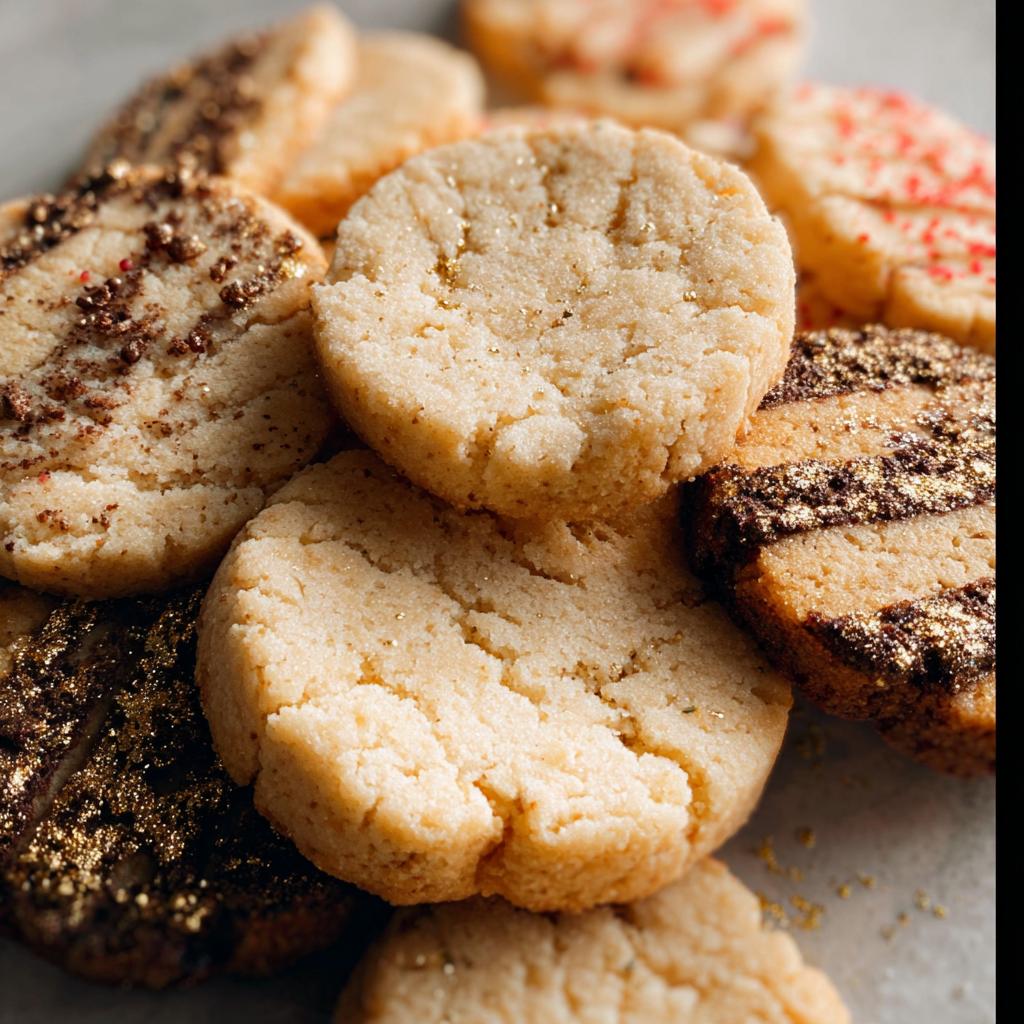 A close-up pile of round Gold-Dusted Shortbread cookies, some plain and others decorated with chocolate stripes or sprinkles.