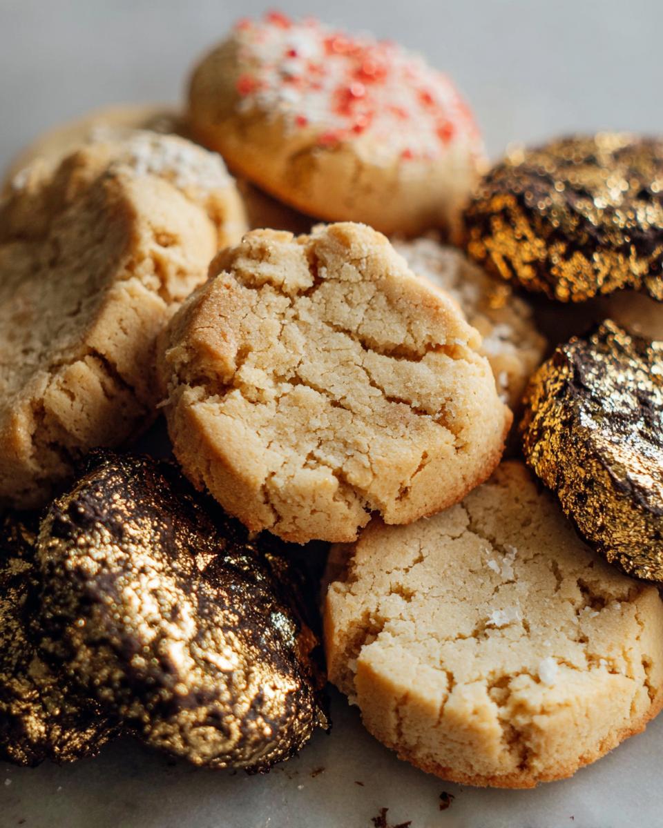 A close-up pile of Gold-Dusted Shortbread cookies, some plain and some coated in dark chocolate and edible gold flakes.
