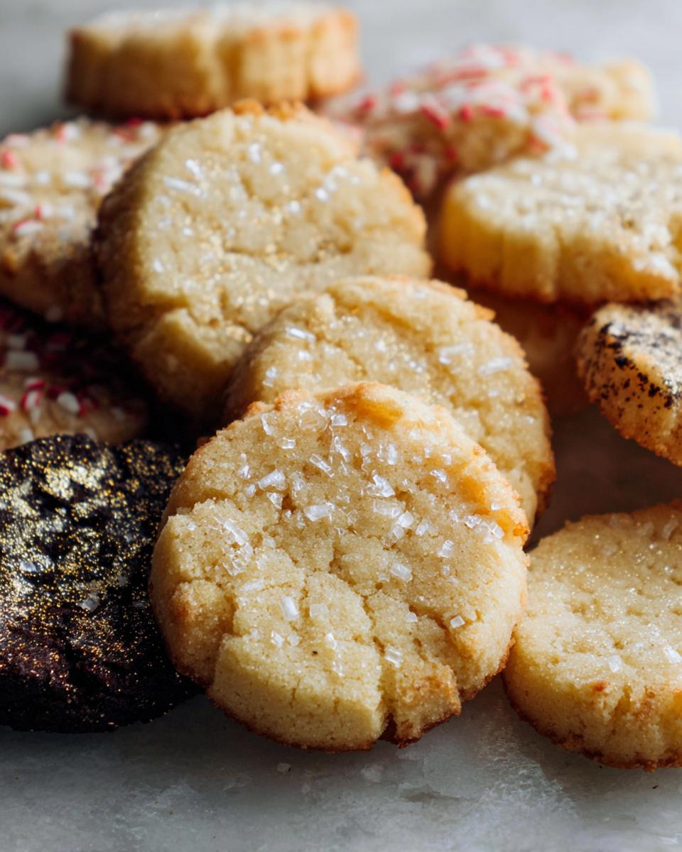 A close-up of various Gold-Dusted Shortbread cookies, some topped with coarse sugar and one dusted with edible gold.
