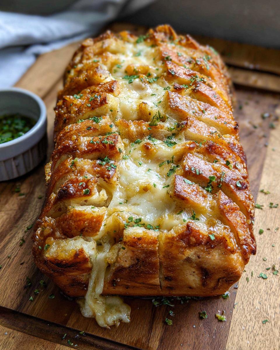 A golden brown loaf of Cheesy Pull-Apart Bread, scored and topped with melted cheese and fresh parsley.