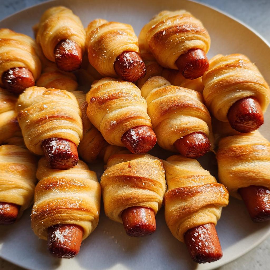 A pile of freshly baked Mini Pigs in a Blanket on a light plate, sprinkled with coarse salt.