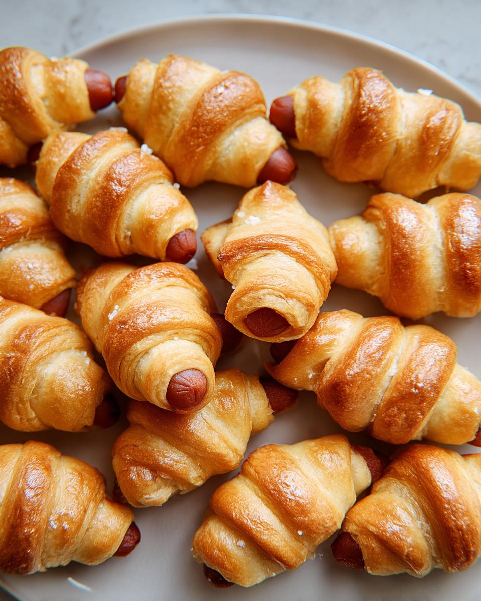 A close-up overhead view of several golden brown Mini Pigs in a Blanket arranged on a light-colored serving plate.