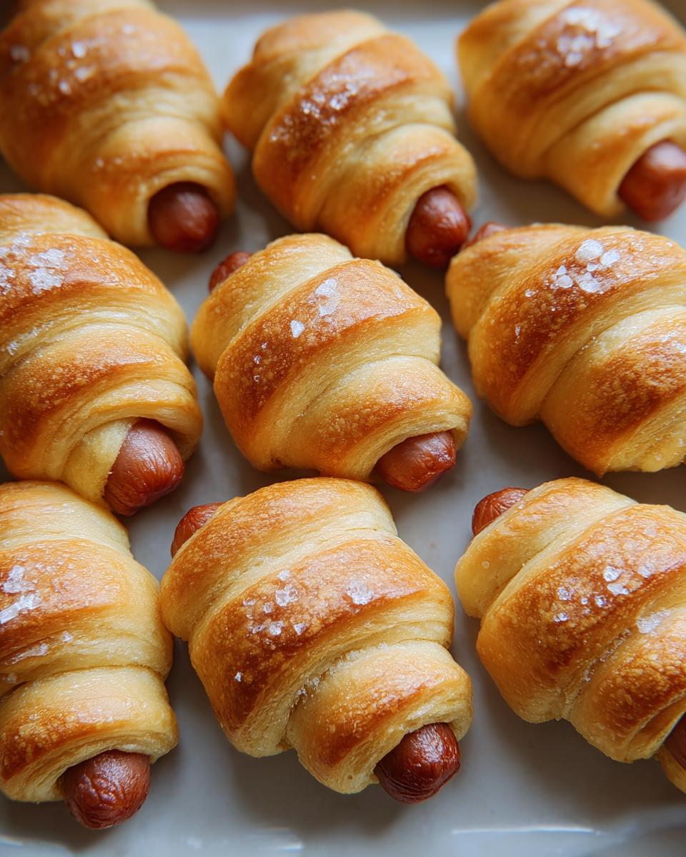 Close-up of golden baked Mini Pigs in a Blanket sprinkled with coarse sea salt on a baking sheet.
