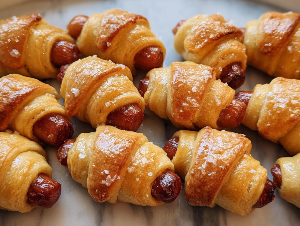 Close-up of freshly baked Mini Pigs in a Blanket sprinkled with coarse sea salt.