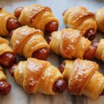 Close-up of freshly baked Mini Pigs in a Blanket sprinkled with coarse sea salt.