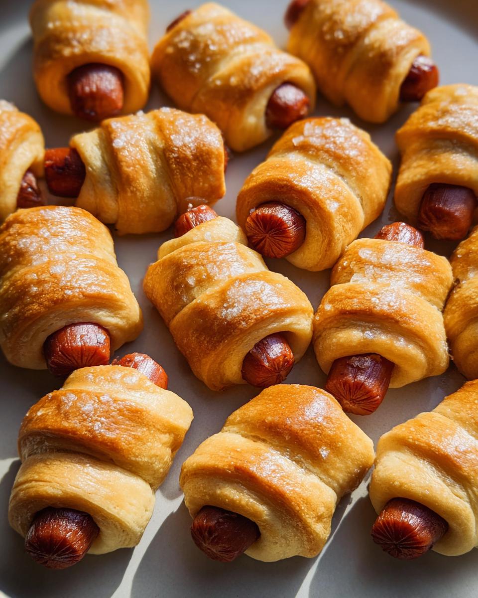 Close-up of freshly baked Mini Pigs in a Blanket sprinkled with coarse salt.