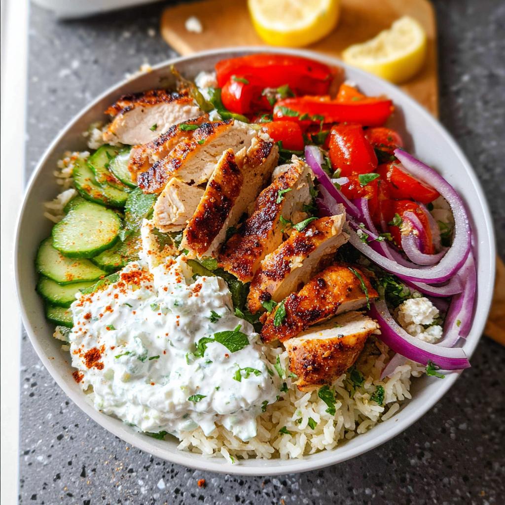 A vibrant Greek Chicken Meal Prep bowl filled with rice, grilled chicken, cucumber, tomatoes, red onion, and tzatziki sauce.