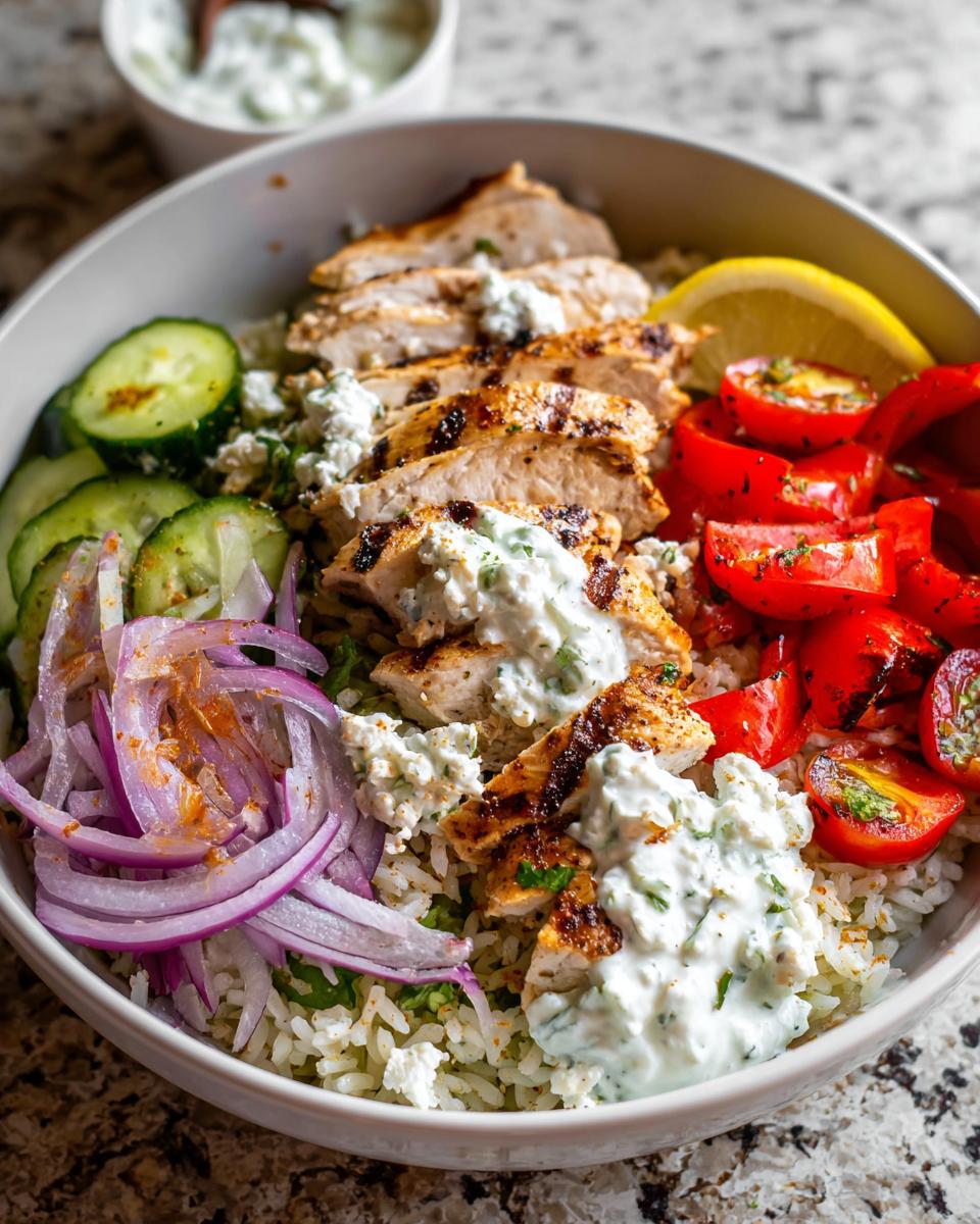 A delicious Greek Chicken Meal Prep bowl filled with grilled chicken, rice, cucumber, tomatoes, red onion, and tzatziki sauce.