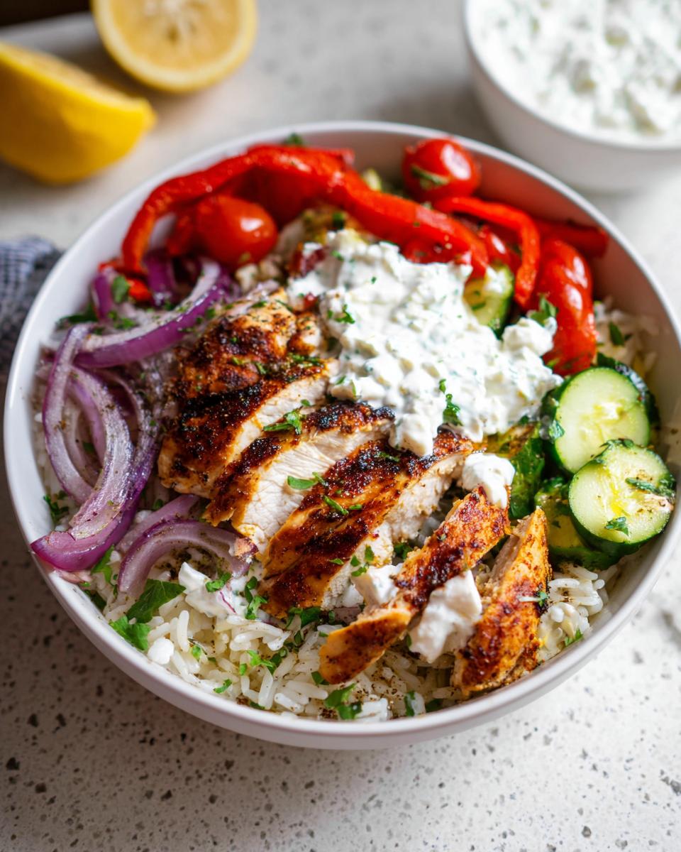 A close-up of a Greek Chicken Meal Prep bowl filled with rice, sliced grilled chicken, red peppers, cherry tomatoes, cucumber, red onion, and tzatziki sauce.