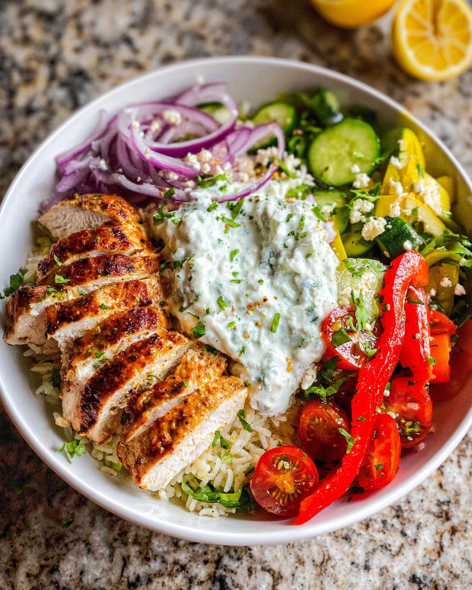 A delicious Greek Chicken Meal Prep bowl filled with sliced grilled chicken, rice, tzatziki sauce, cucumber, red onion, tomatoes, and feta.