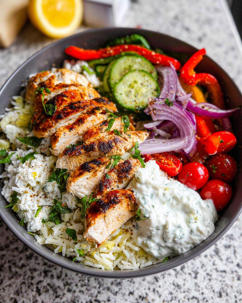 A close-up of a Greek Chicken Meal Prep bowl featuring sliced grilled chicken, rice, cucumber, tomatoes, red onion, and tzatziki sauce.