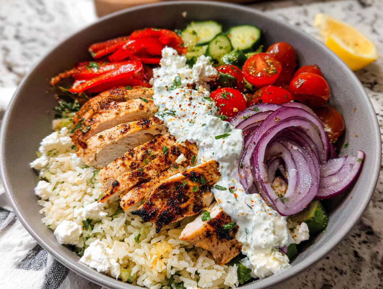 A delicious Greek Chicken Meal Prep bowl filled with sliced grilled chicken, rice, feta cheese, cucumber, tomatoes, red onion, and bell peppers.
