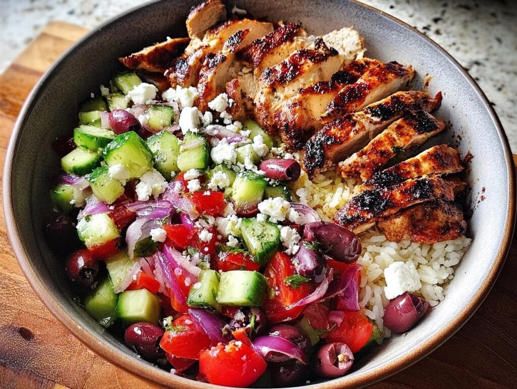 A close-up of a Greek Chicken Salad Bowls featuring grilled sliced chicken over rice, topped with cucumber, tomato, red onion, olives, and feta.