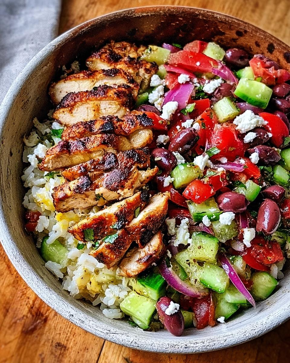 Close-up of a Greek Chicken Salad Bowl featuring sliced grilled chicken over rice and a fresh salad mix.