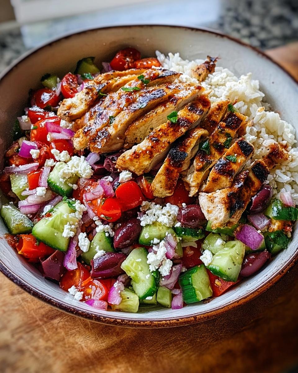 Close-up of a vibrant Greek Chicken Salad Bowl featuring sliced grilled chicken, rice, cucumbers, tomatoes, red onion, olives, and feta.