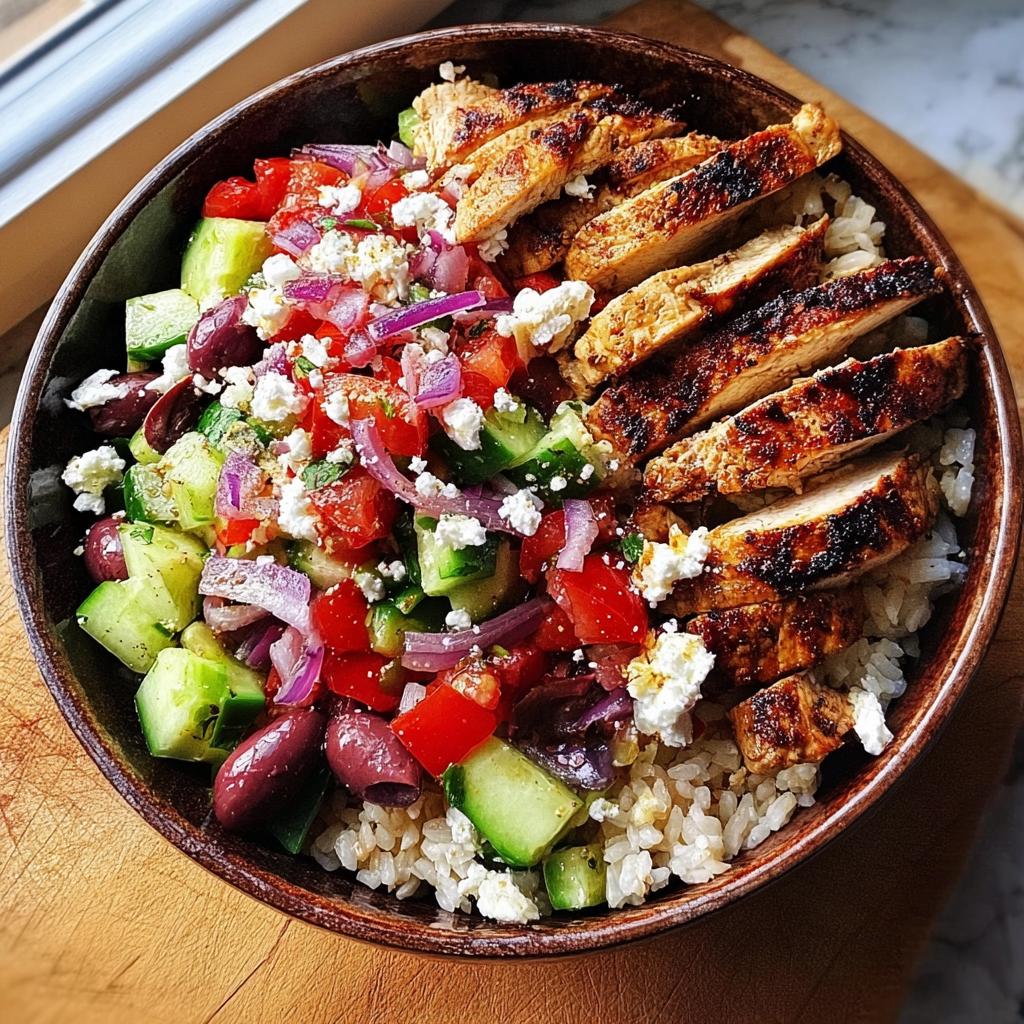 Overhead view of a vibrant Greek Chicken Salad Bowl featuring grilled, sliced chicken, rice, cucumber, tomato, red onion, olives, and feta.