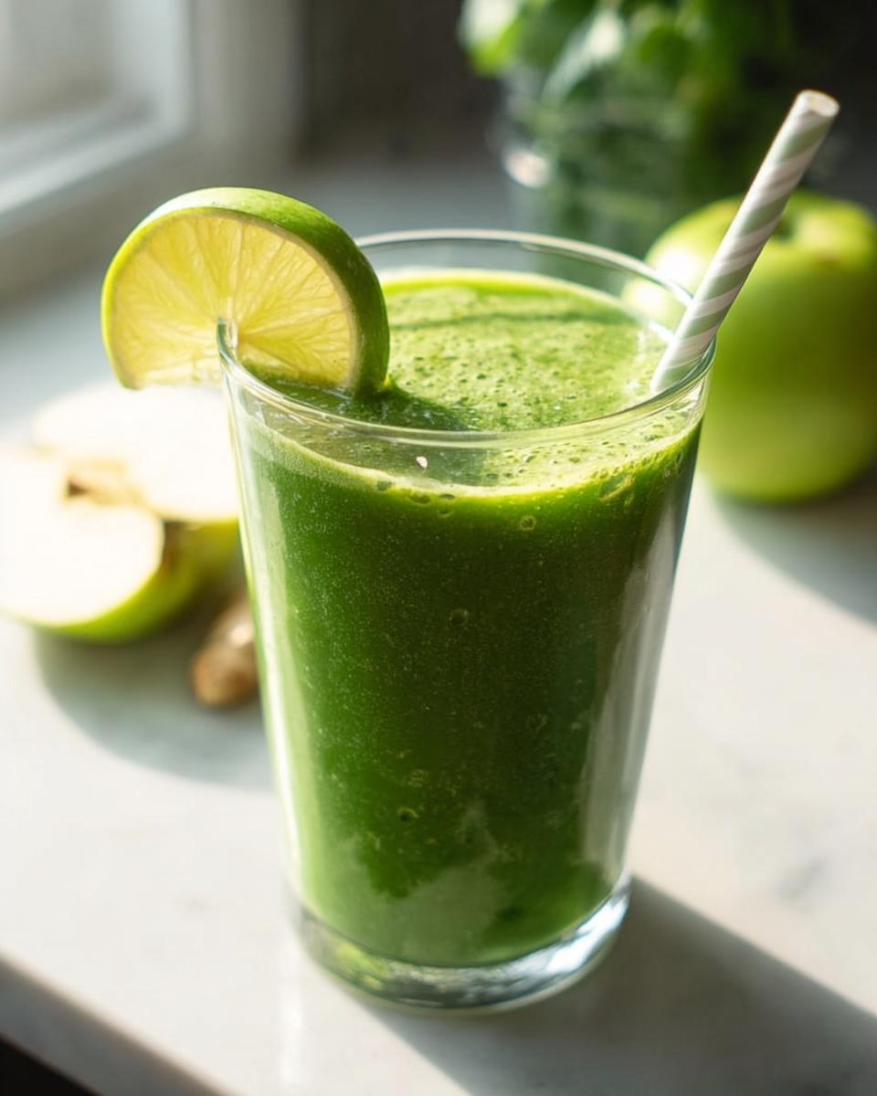 A tall glass of vibrant Green Detox Smoothie garnished with a lime slice and a striped straw.