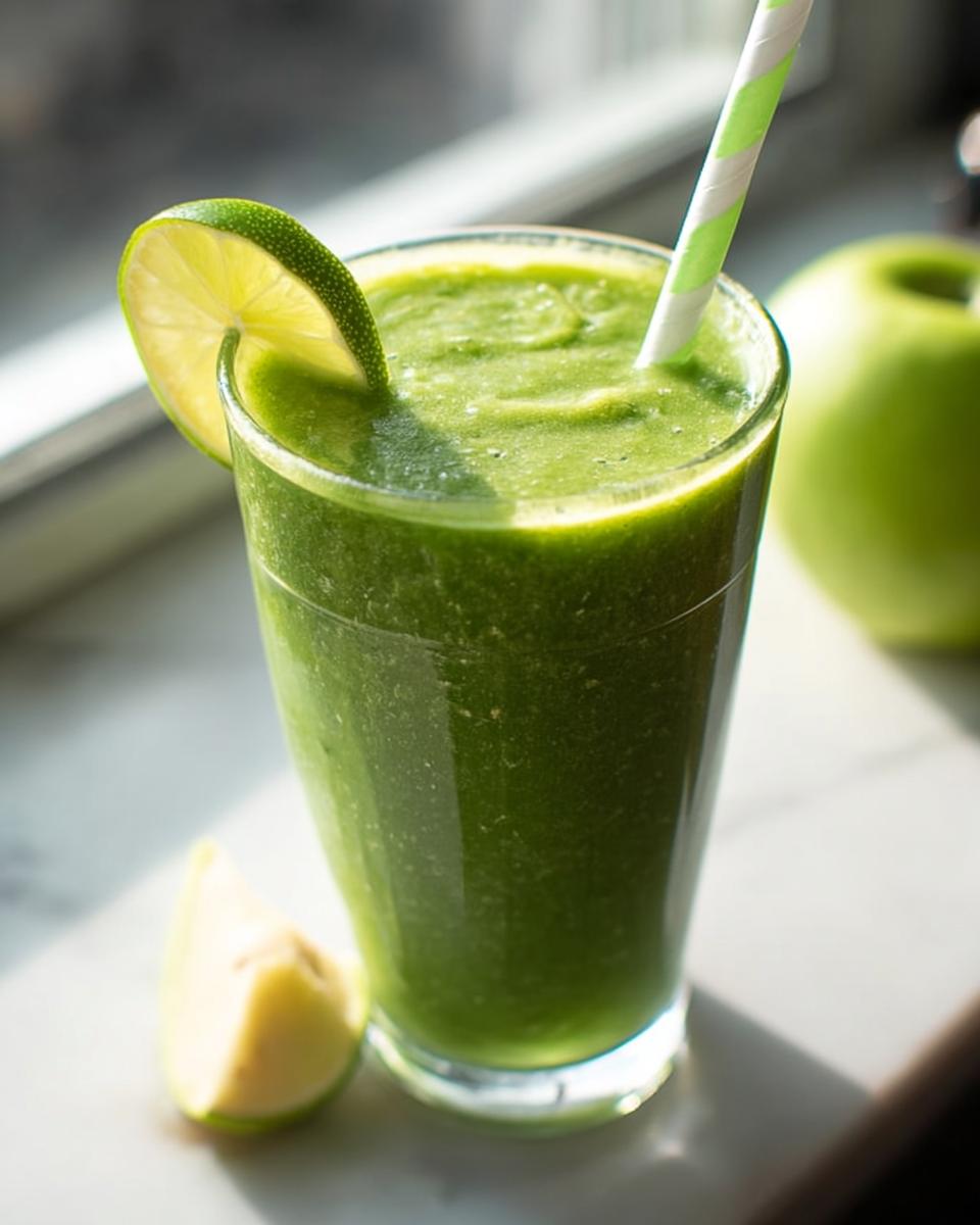 A vibrant Green Detox Smoothie in a tall glass, garnished with a lime slice and a striped straw.
