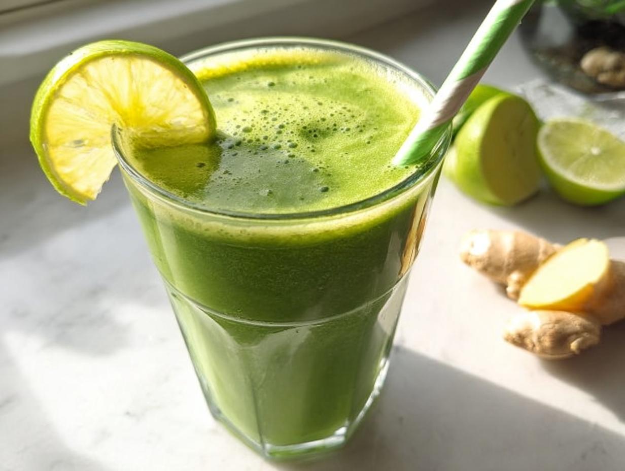 A glass of vibrant Green Detox Smoothie garnished with a lime slice and a striped straw, next to fresh ginger roots.