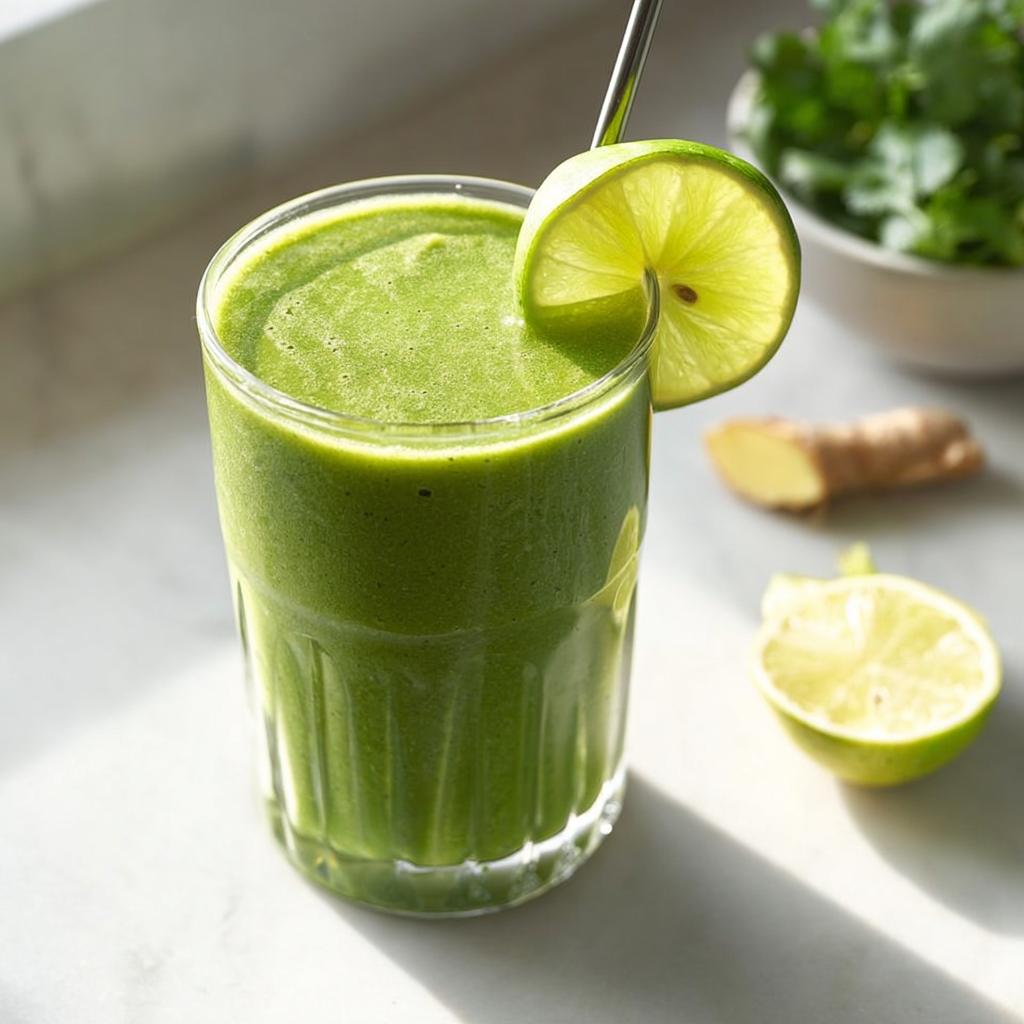 A tall glass filled with a vibrant Green Detox Smoothie, garnished with a lime wheel and a metal straw.