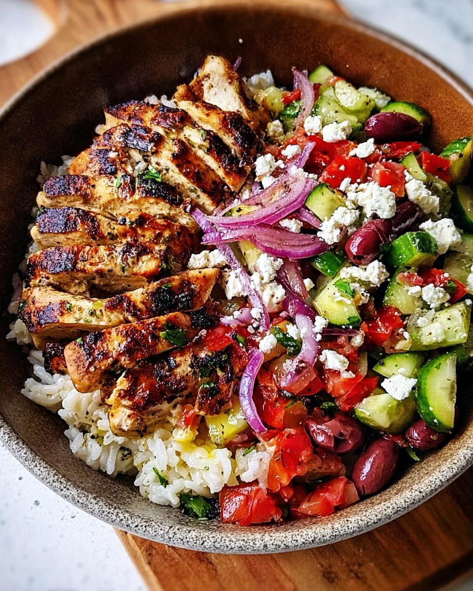 Close-up of a bowl featuring grilled, sliced chicken served over rice next to a Greek salad mix for Greek Chicken Salad Bowls.