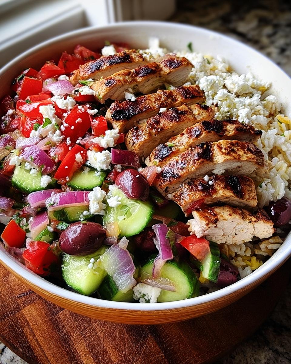 A vibrant bowl featuring grilled, sliced chicken breast atop rice, surrounded by Greek salad ingredients like cucumbers, tomatoes, olives, and feta cheese.