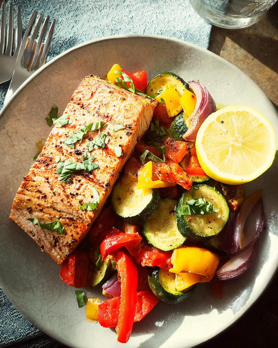 A fillet of grilled salmon served with a vibrant mix of roasted vegetables including zucchini, bell peppers, red onion, and a lemon slice.