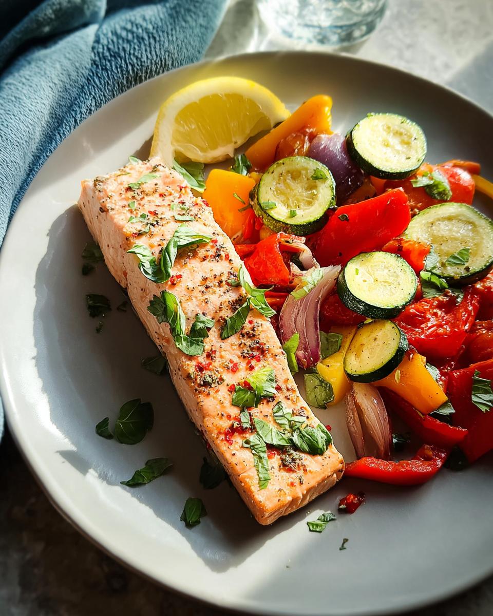 A perfectly cooked fillet of grilled salmon seasoned with herbs and spices, served alongside a vibrant medley of roasted bell peppers, zucchini, red onion, and a lemon wedge.