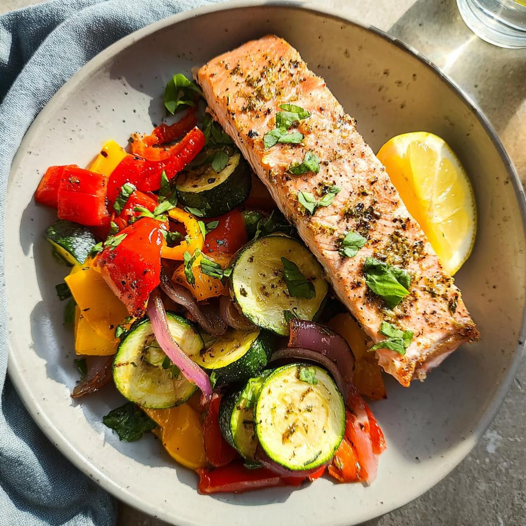 A perfectly cooked fillet of grilled salmon served atop a colorful medley of grilled vegetables including zucchini, bell peppers, and red onion, with a lemon wedge.