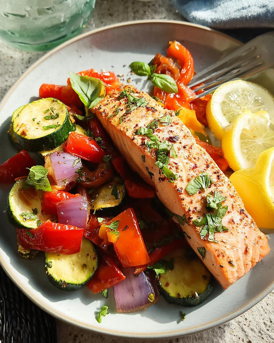 A perfectly grilled salmon fillet served with a vibrant medley of roasted vegetables including zucchini, bell peppers, red onion, and cherry tomatoes.