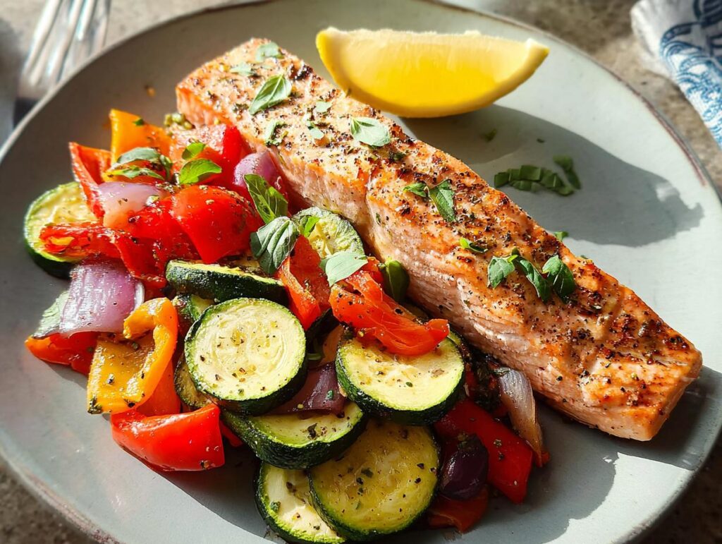 A perfectly grilled salmon fillet served alongside a vibrant medley of roasted vegetables including zucchini, bell peppers, tomatoes, and red onion.