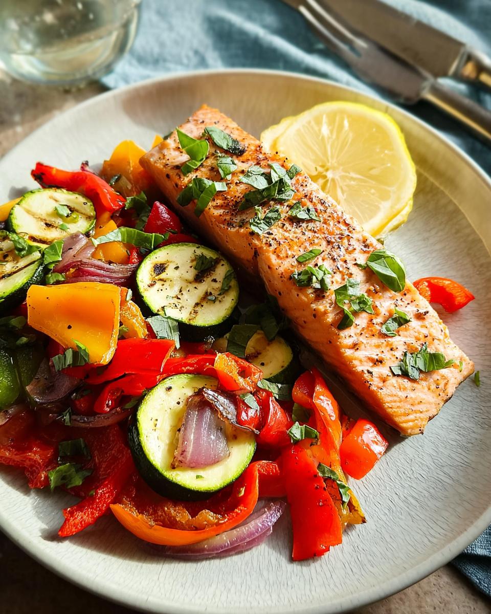 A perfectly grilled salmon fillet served alongside a vibrant medley of grilled vegetables, including zucchini, bell peppers, and red onion.