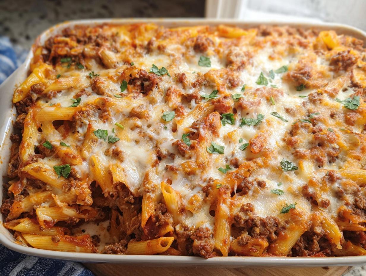 Close-up of a bubbling Ground Beef Casserole in a white baking dish, topped with melted cheese and parsley.