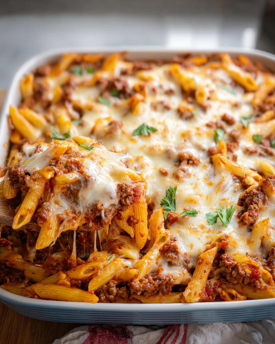 A serving spoon lifts a cheesy portion of ground beef casserole with penne pasta from a baking dish.