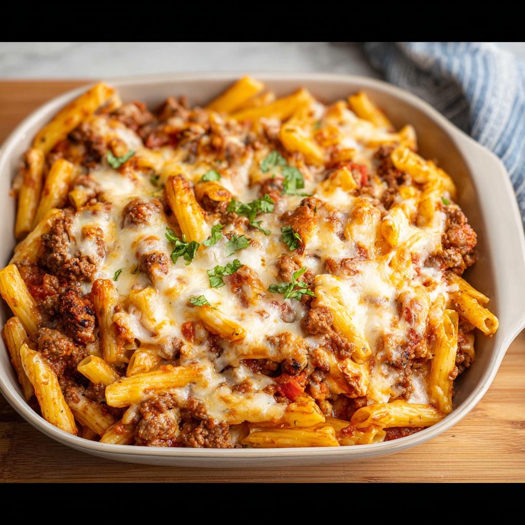 A close-up of a baked ground beef casserole with penne pasta and melted cheese, garnished with parsley.