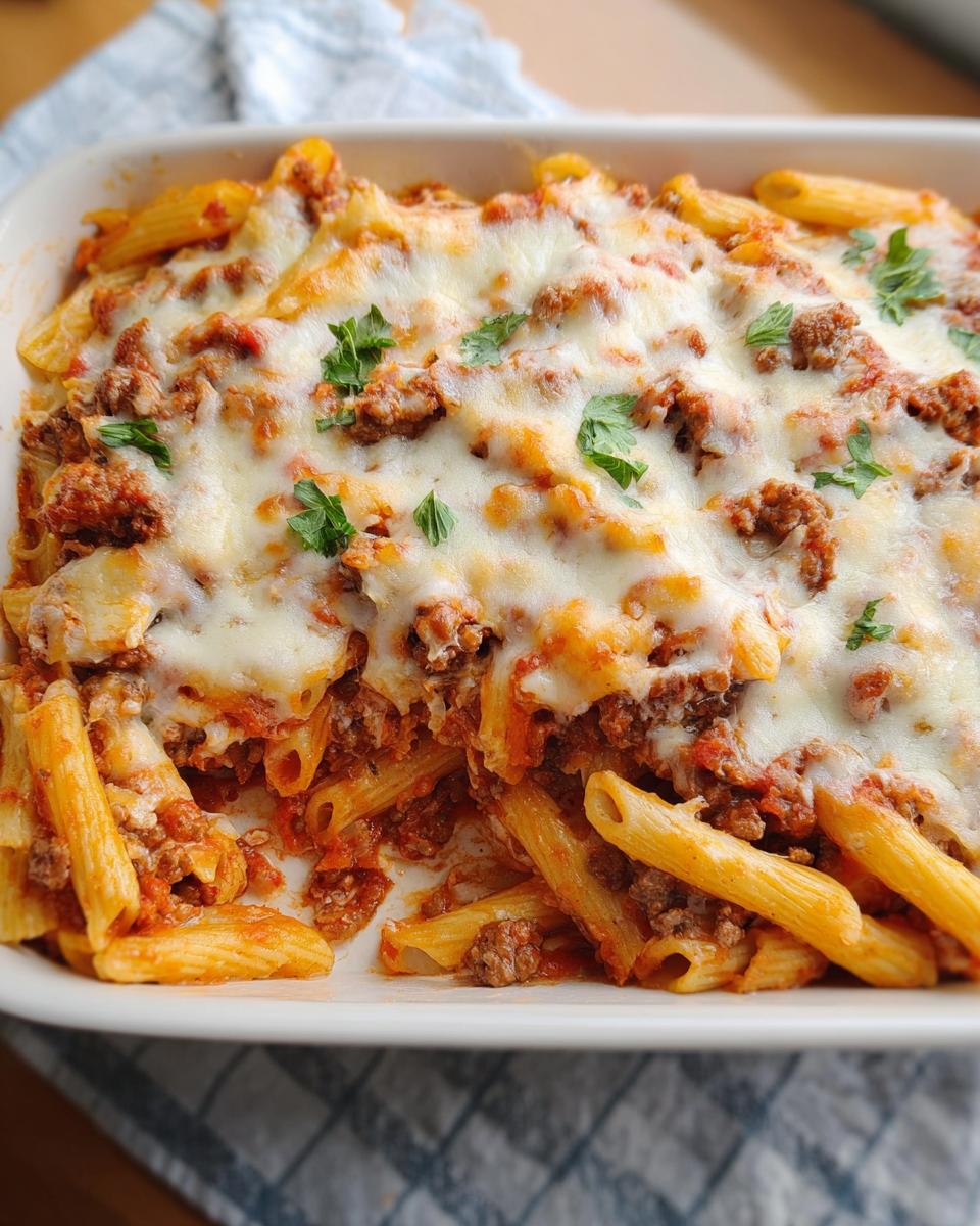 A close-up of a baked Ground Beef Casserole with penne pasta, rich tomato sauce, and melted cheese, garnished with parsley.