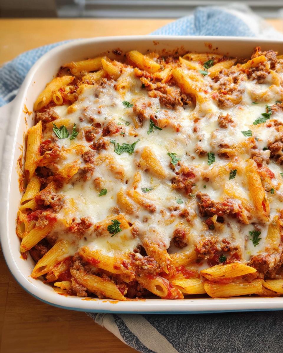 A close-up of a baked Ground Beef Casserole with penne pasta, rich tomato sauce, and melted cheese, garnished with parsley.