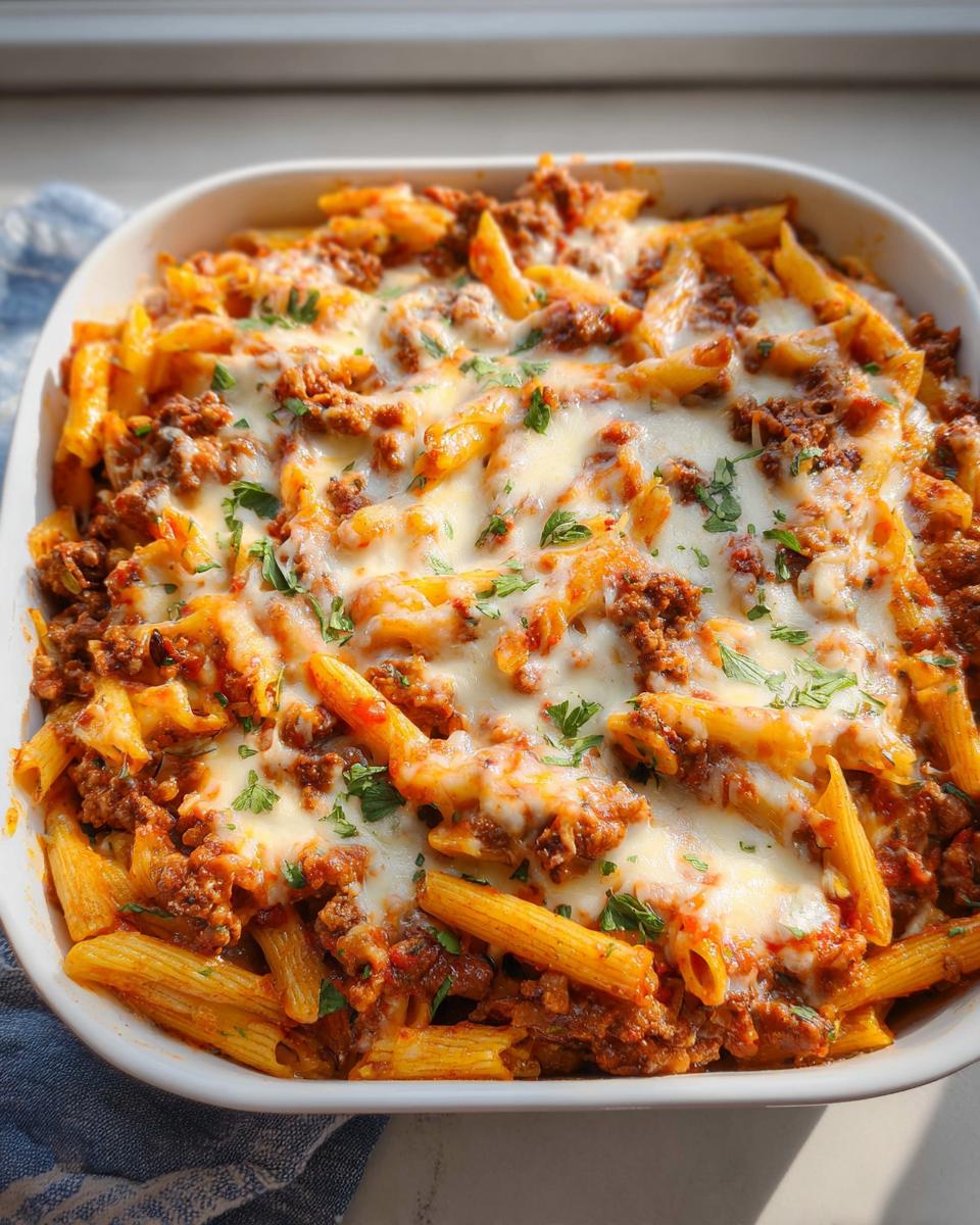 A close-up of a baked Ground Beef Casserole with penne pasta, rich meat sauce, and melted cheese, garnished with parsley.