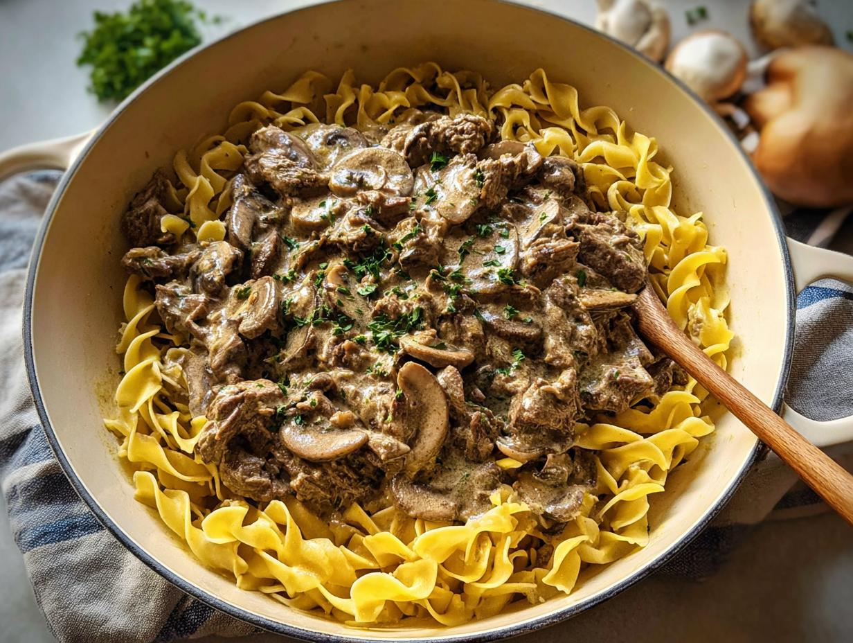 Rich Ground Beef Stroganoff with mushrooms and creamy sauce served over wide egg noodles in a skillet.