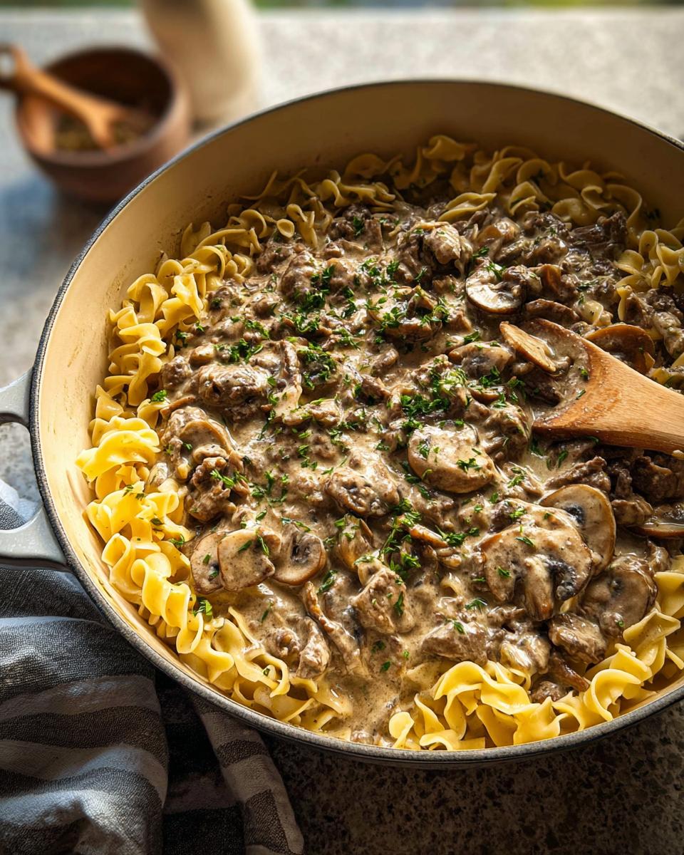 Close-up of creamy Ground Beef Stroganoff served over egg noodles in a large skillet with a wooden spoon.