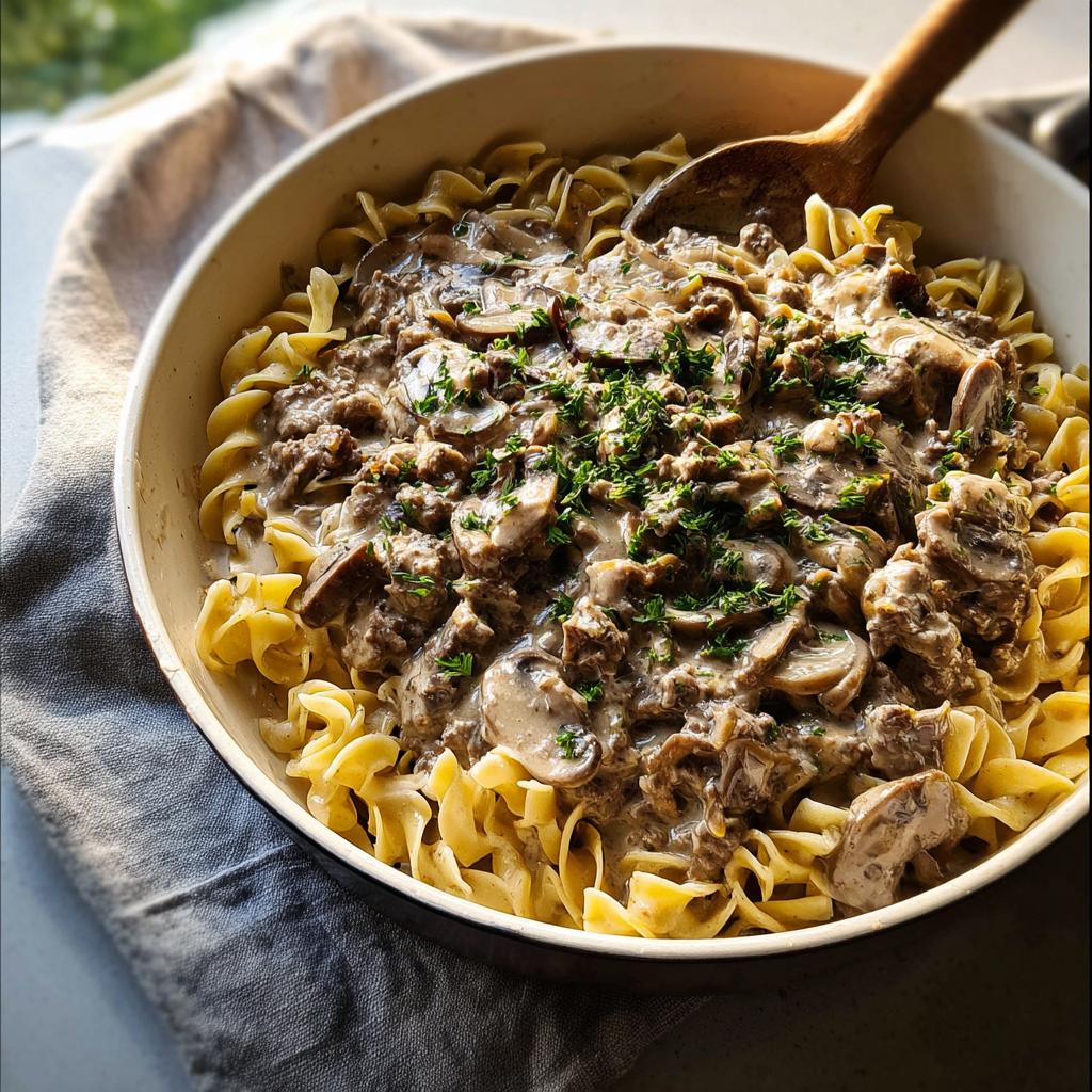 A skillet filled with creamy Ground Beef Stroganoff served over egg noodles and garnished with parsley.