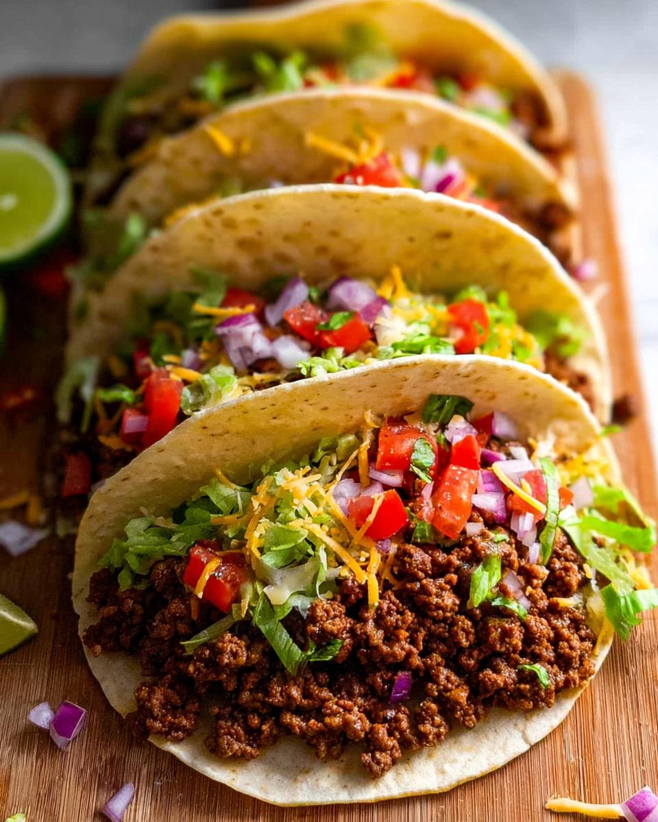 A close-up of four delicious ground beef tacos filled with seasoned ground beef, shredded lettuce, diced tomatoes, red onion, and cheese.