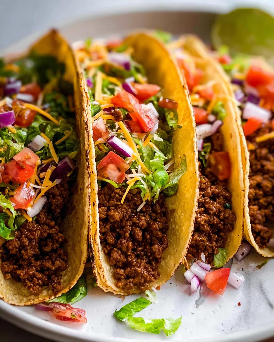 A close-up of three perfect ground beef tacos, generously filled and topped with shredded lettuce, diced tomatoes, red onion, and shredded cheese.