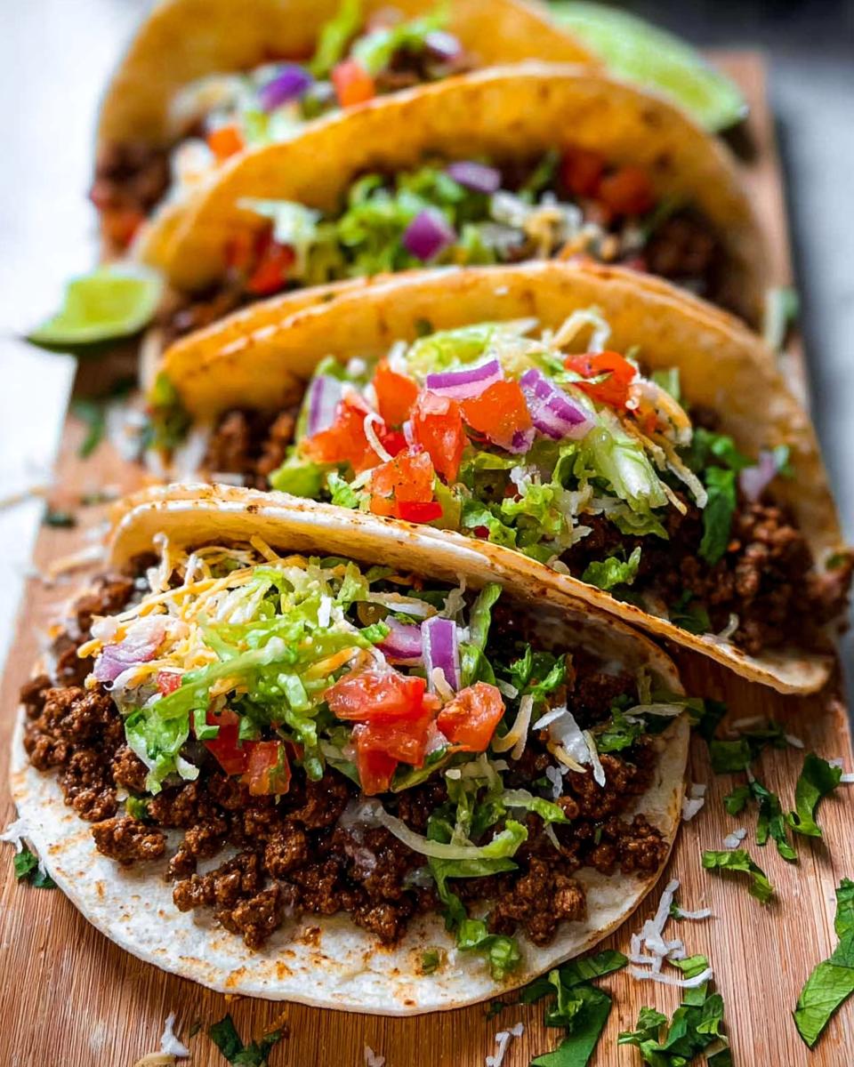 A close-up of four delicious Ground Beef Tacos filled with seasoned ground beef, shredded lettuce, diced tomatoes, red onion, and cheese.