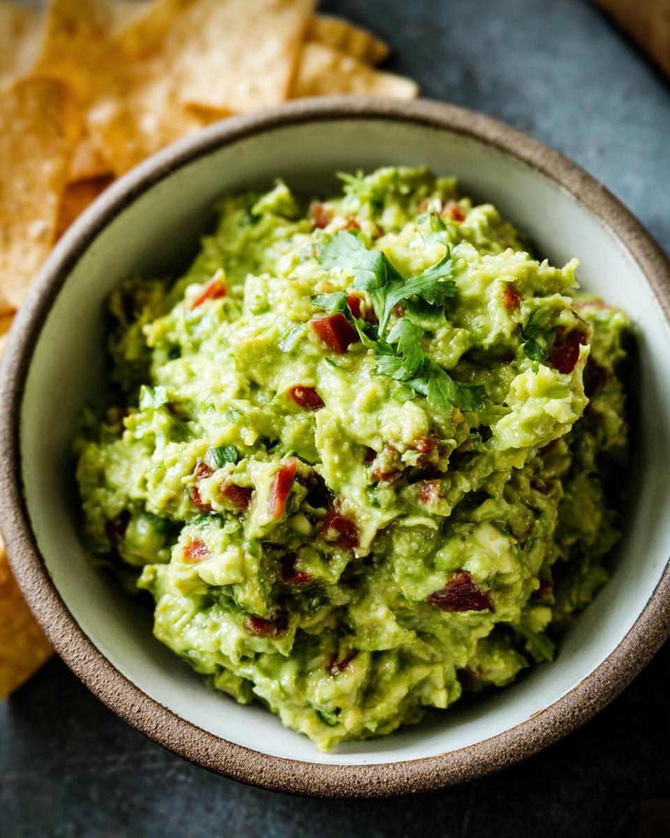 Close-up of chunky Guacamole with Lime and Cilantro, topped with fresh cilantro, next to tortilla chips.