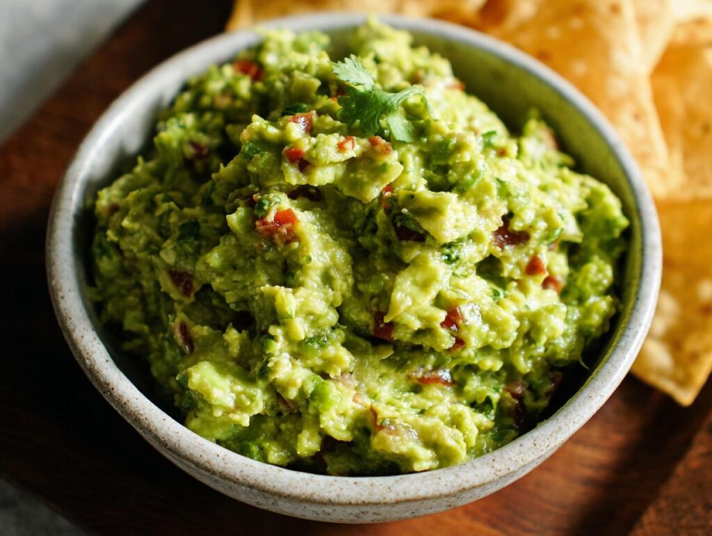Close-up of chunky Guacamole with Lime and Cilantro served in a rustic bowl with tortilla chips nearby.