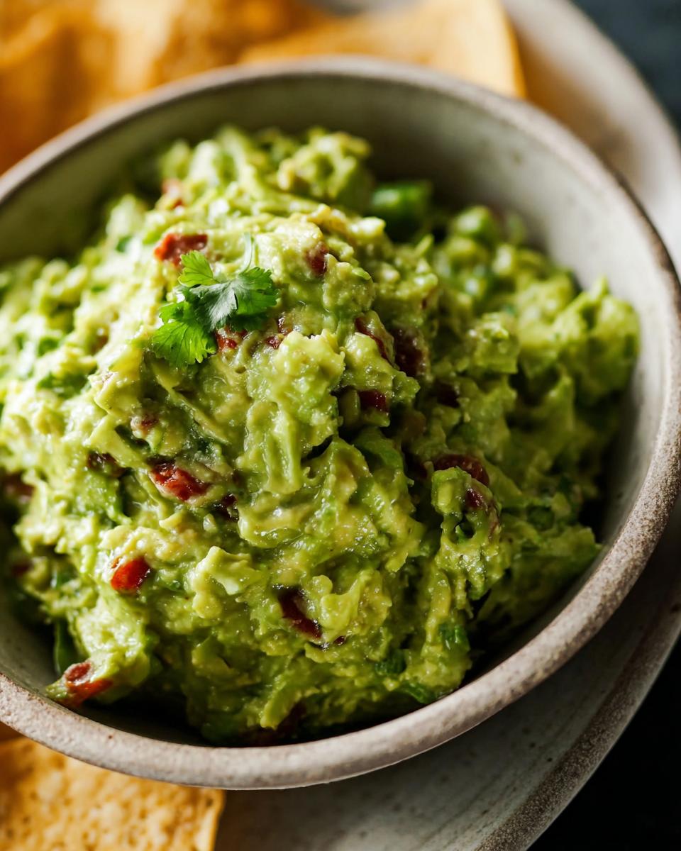 Close-up of chunky Guacamole with Lime and Cilantro, garnished with a cilantro sprig, next to tortilla chips.