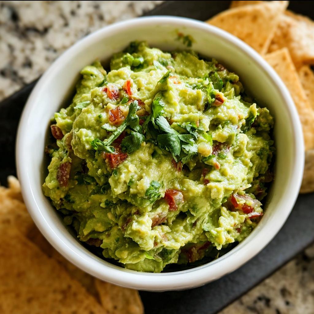Close-up of chunky Guacamole with Lime and Cilantro, garnished with fresh cilantro, served with tortilla chips.