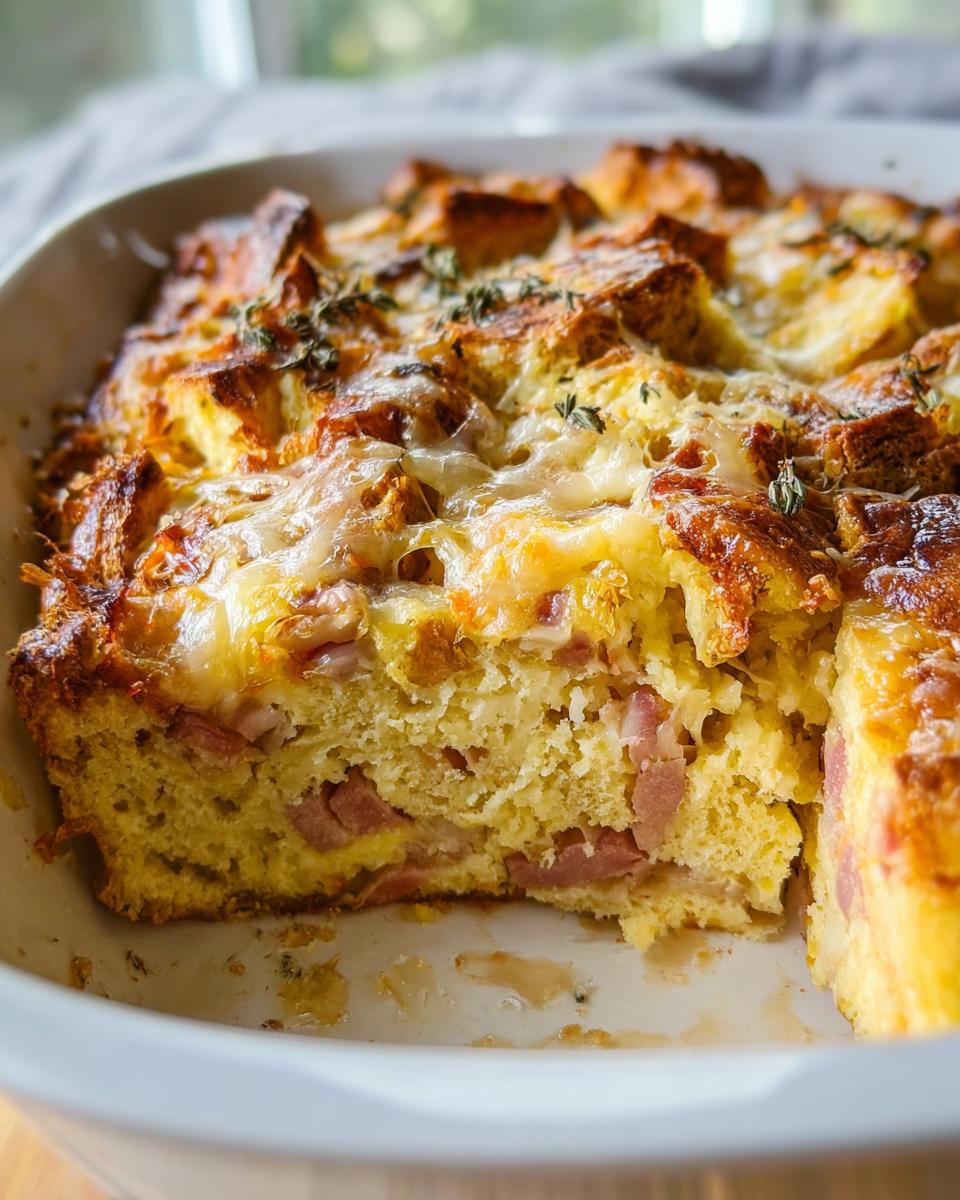 A close-up of a baked Ham and Cheese Breakfast Casserole with a golden, cheesy top and visible chunks of ham inside.
