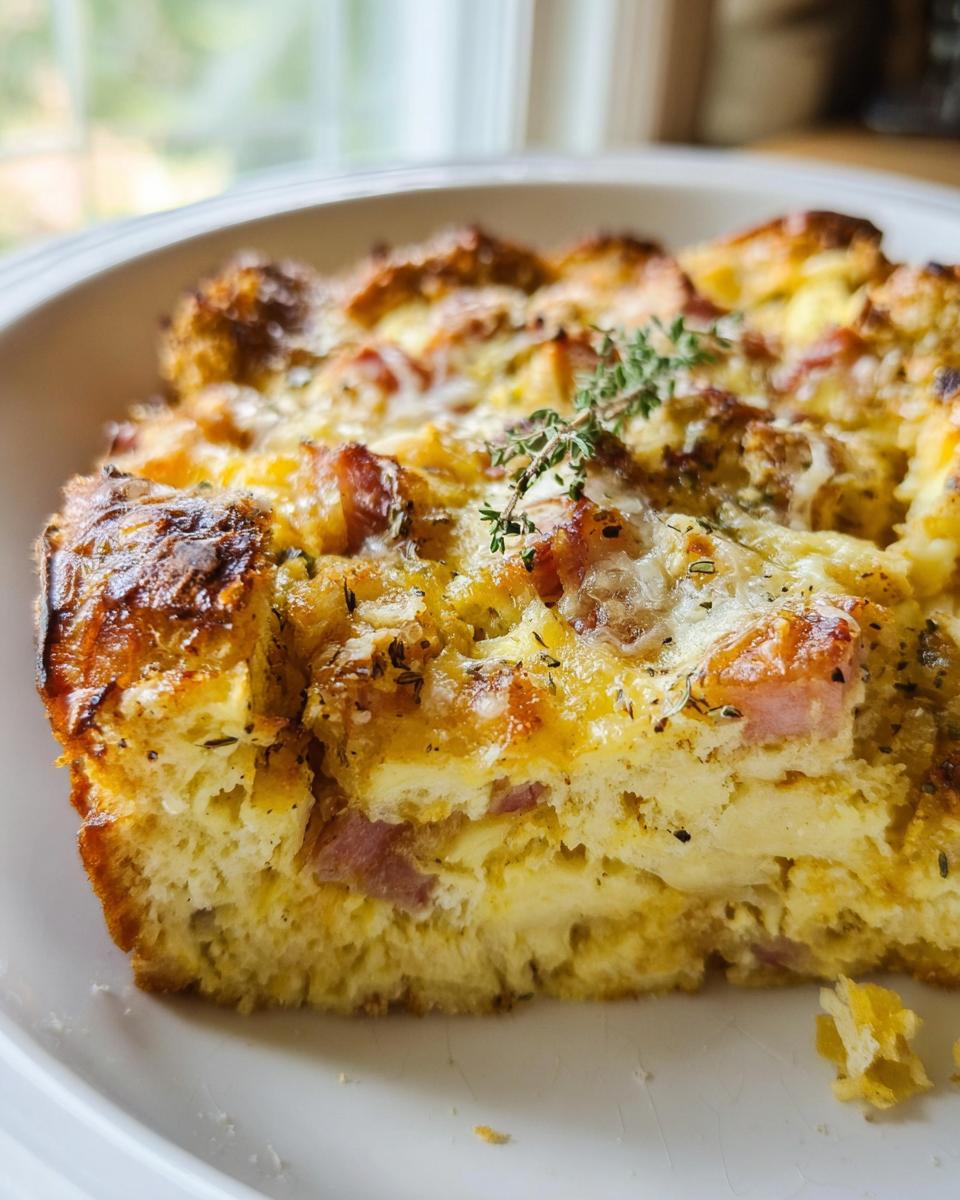 Close-up of a golden brown slice of Ham and Cheese Breakfast Casserole with melted cheese and thyme garnish.